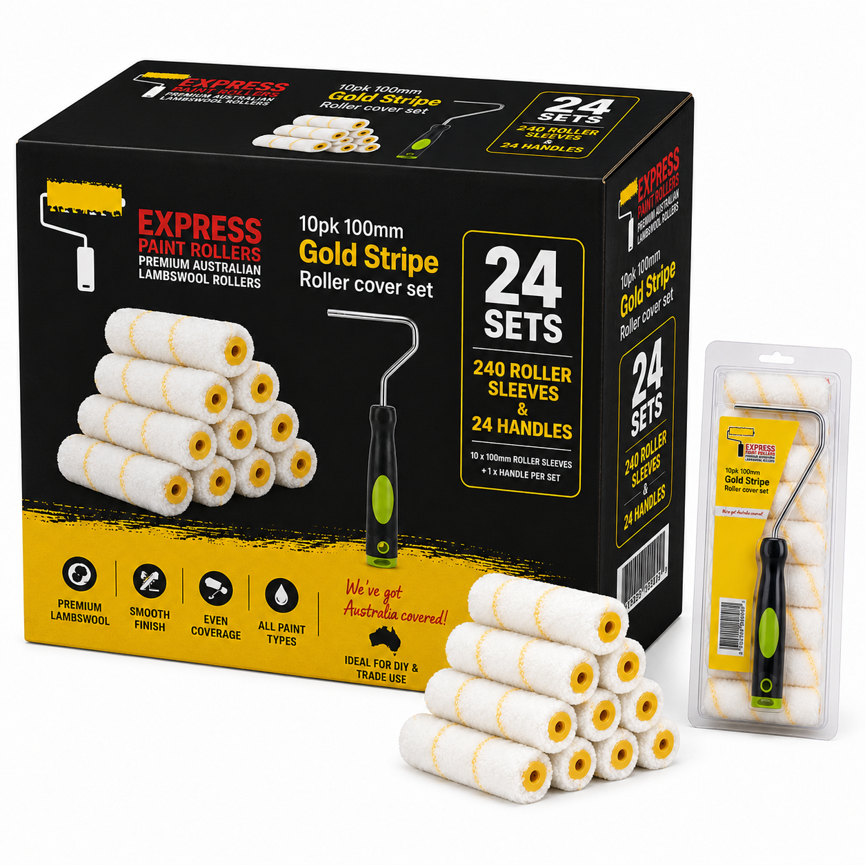 Express Paint Rollers Gold Stripe 100mm Roller Cover Set Carton – 24 Sets (240 Sleeves & 24 Frames)