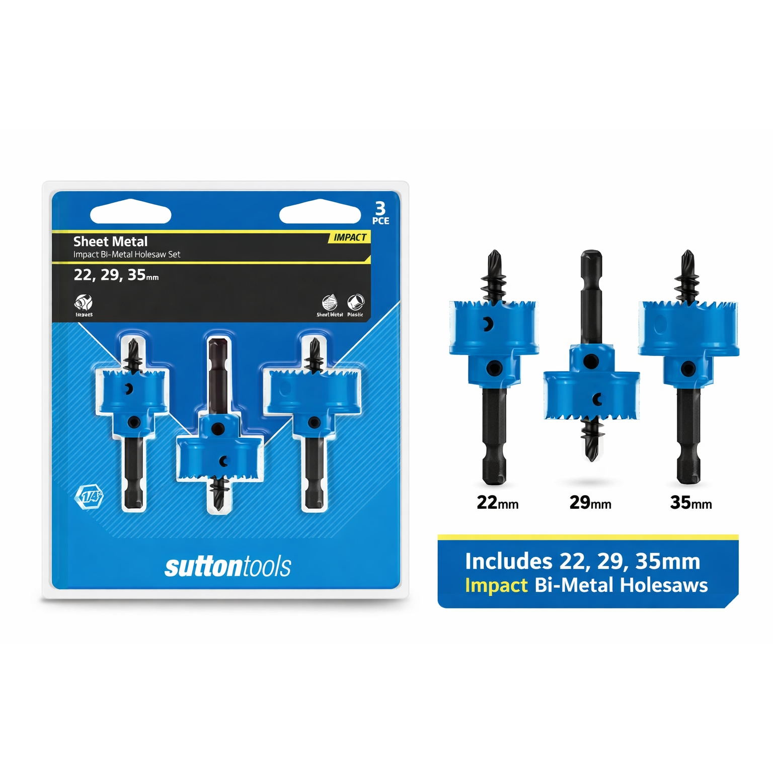 Sutton 22-32mm 1/4-Hex Bi-Metal Holesaw Set for Sheetmetal - 3 Piece H119S3 - South East Clearance Centre