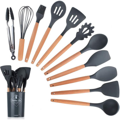 12-Piece Silicone Kitchen Utensil Set – Non-Stick Cooking Tools with Wooden Handles & Heat Resistance (colour may vary) - South East Clearance Centre