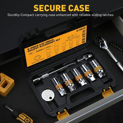 E70079 - 8-Piece 3/8" Drive Spark Plug Socket Set with Universal Joint, Spark Plug Gapper and 6" Extension Bar, SAE & Metric, 5/8", 3/4", 13/16", 14mm, 18mm, CR-V Sockets with Rubber Holding Rings