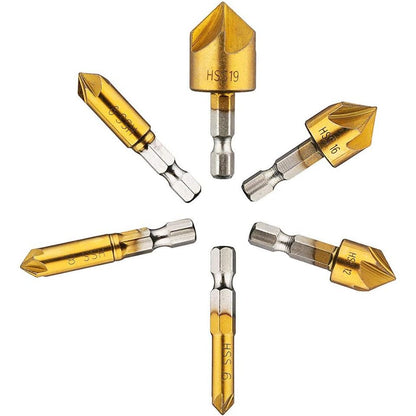 6pcs 6mm-19mm 5 Groove Countersink Bit Set 90 Counter Sink Chamfer Cutter 1/4" Hex Shank