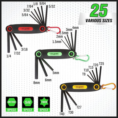 25PCS Folding Allen Wrench Set, SAE, Metric, Torx Hex Keys , Chrome Vanadium Steel, 3 Pack