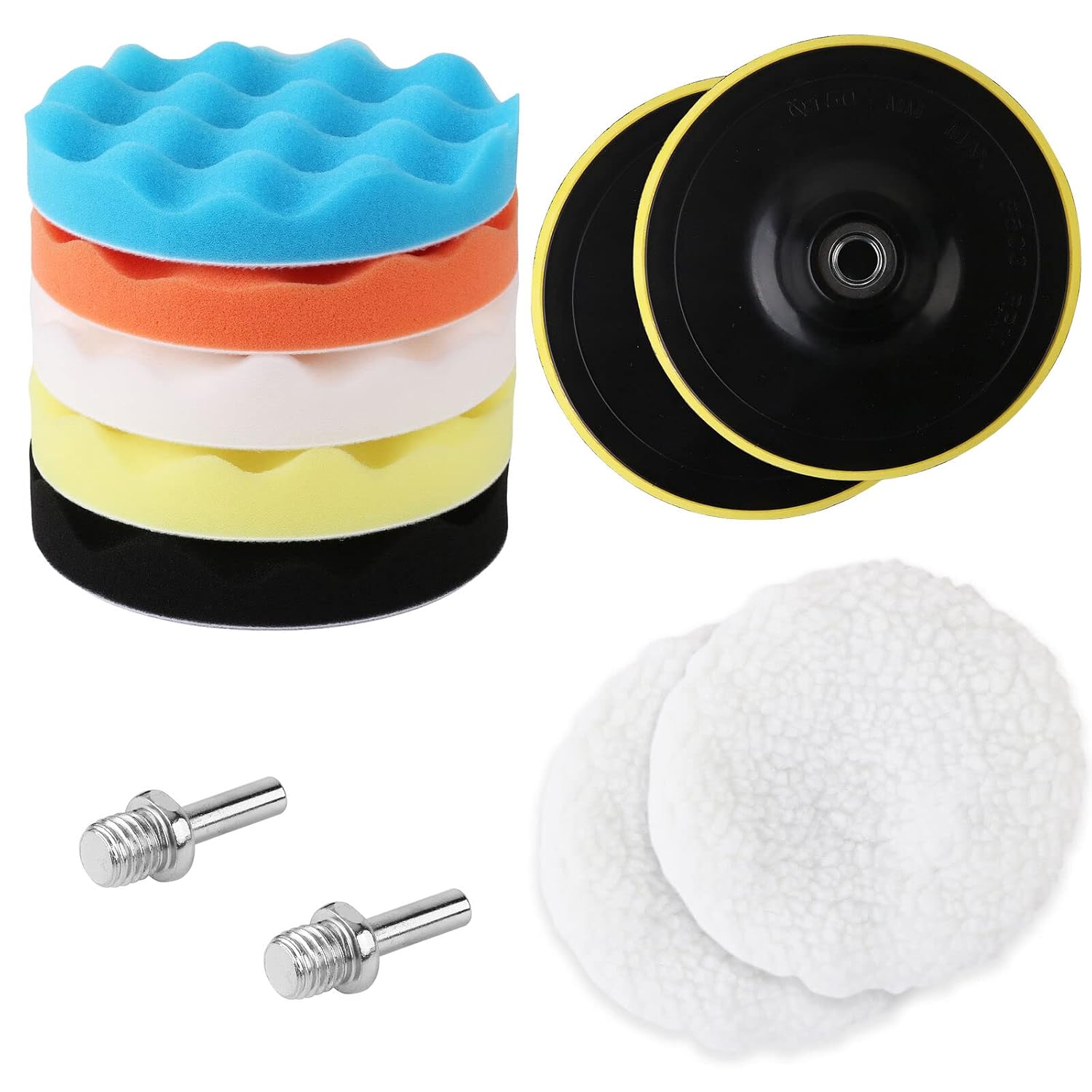 11 Piece 5" Buffing & Polishing Pad Kit – Foam Polishing Pads, Wool Buffing Bonnets, Hook & Loop Backing Pads & M14 Drill Adaptors