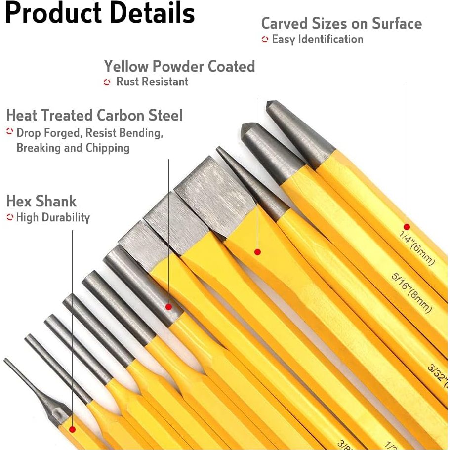 12-Piece Chisel & Punch Set with Carrying Tray | Pin punch | Taper punch | Cold Chisel | Center Chisel - South East Clearance Centre