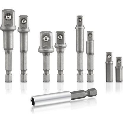 9-Piece Power Drill Socket Adapter Extension Set, 1/4" 3/8" and 1/2" Impact Driver Hex Shank, CrV Steel Drill Bit Extension Set with Magnetic Bit Holder - South East Clearance Centre