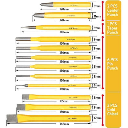 12-Piece Chisel & Punch Set with Carrying Tray | Pin punch | Taper punch | Cold Chisel | Center Chisel - South East Clearance Centre