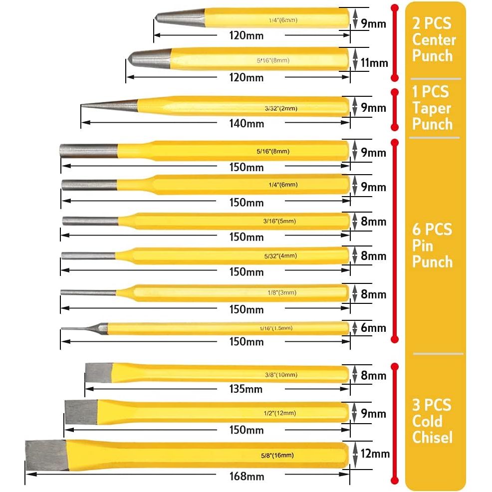 12-Piece Chisel & Punch Set with Carrying Tray | Pin punch | Taper punch | Cold Chisel | Center Chisel - South East Clearance Centre