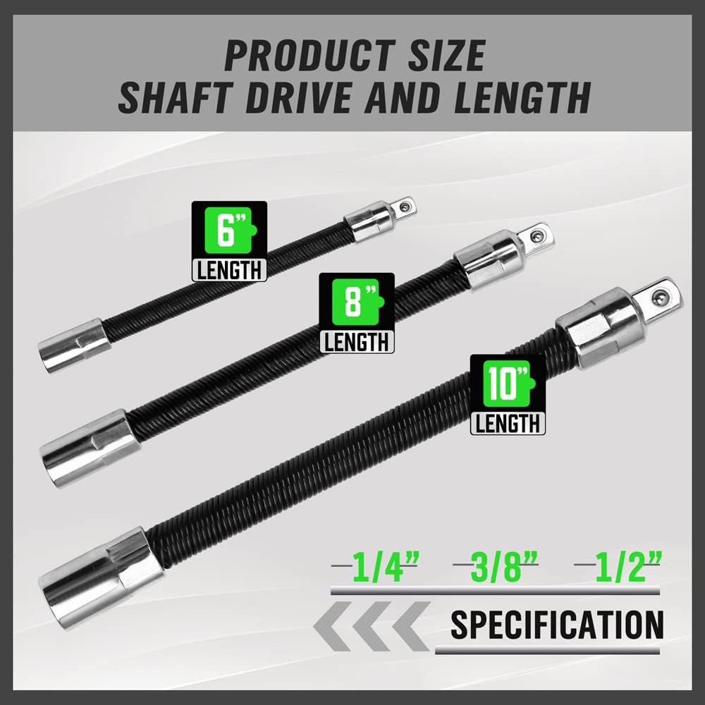 3-PIECE Flexible Socket Extension Bar Set 1/2" 1/4" 3/8" Shaft Drive 10" 8" 6" - South East Clearance Centre