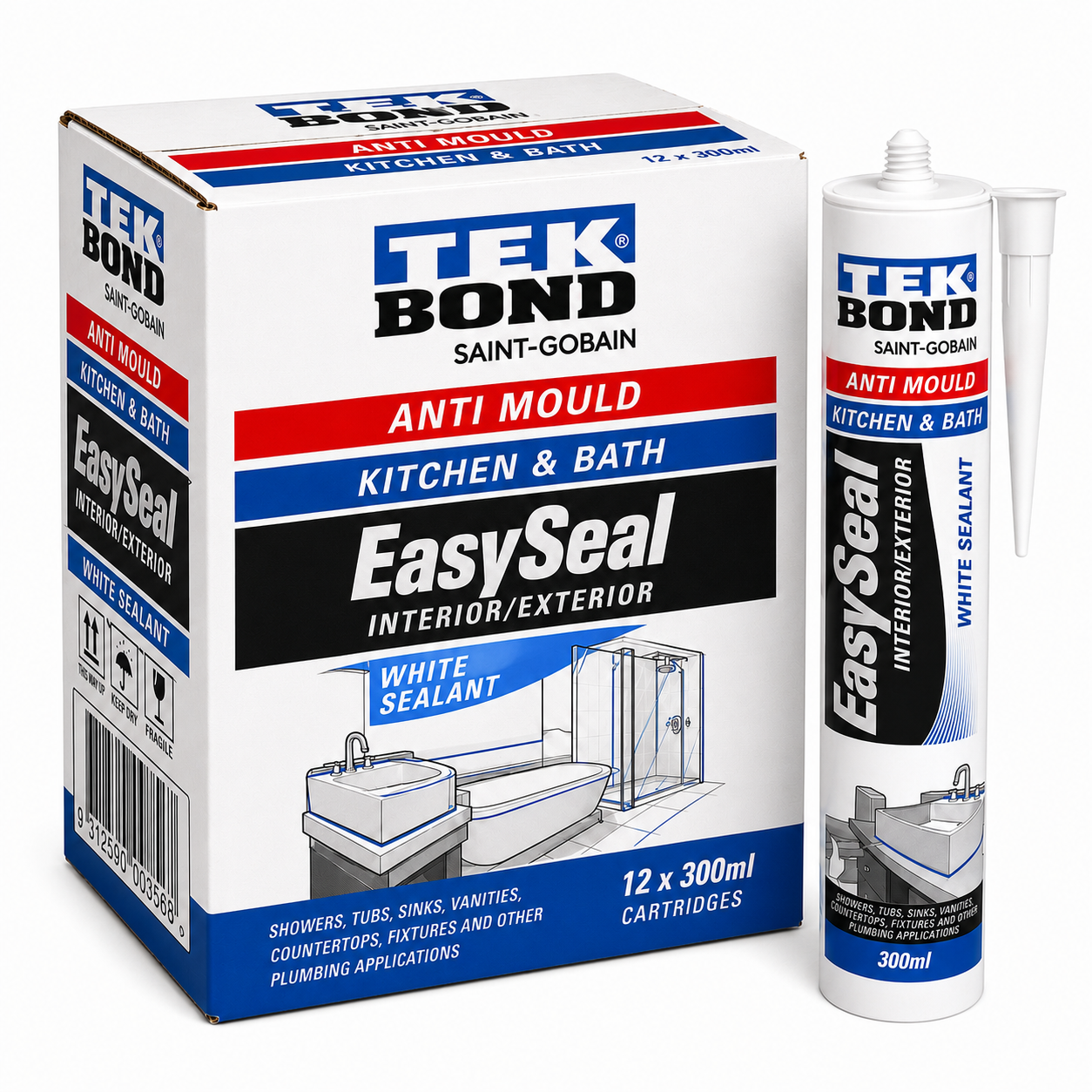 (12 PACK)  - TEKBOND EasySeal Kitchen & Bath Anti Mould Silicone Sealant WHITE 300ml – Acetic Cure (Past Date)
