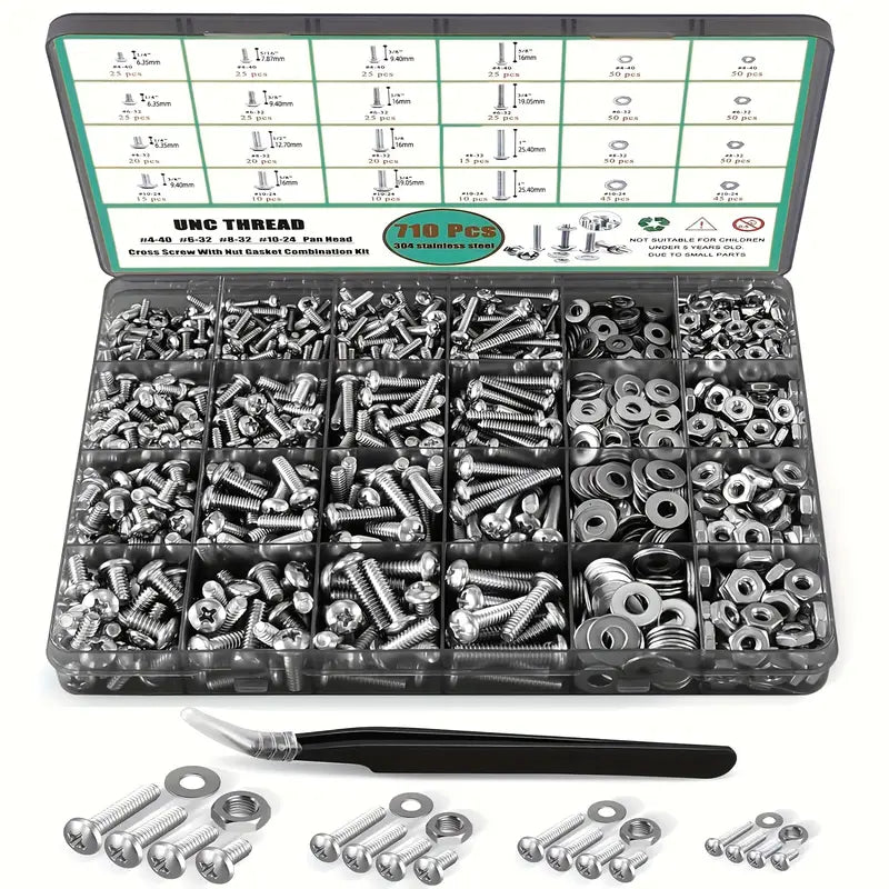 710Pcs Nuts and Bolts Assortment Kit, 4-40#6-32#8-32#10-24 Phillips Pan Head Assortment Stainless Steel Bolts Nuts Flat Washers Nuts Bolts Assortment Kit - South East Clearance Centre