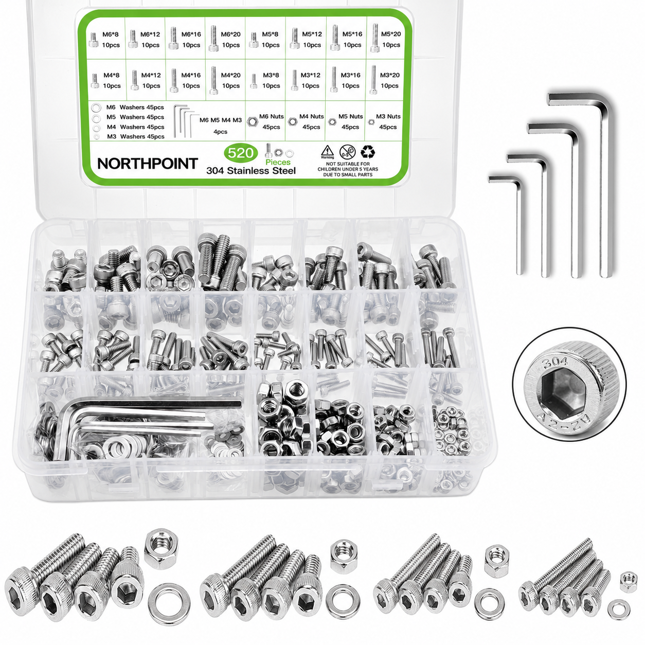 520 Piece 304 Stainless Steel Hex Socket Cap Screw, Nut & Washer Assortment Kit – Metric M3, M4, M5 & M6 Bolts with Allen Keys