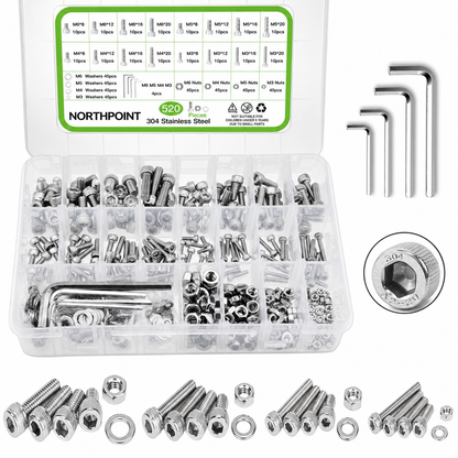 520 Piece 304 Stainless Steel Hex Socket Cap Screw, Nut & Washer Assortment Kit – Metric M3, M4, M5 & M6 Bolts with Allen Keys