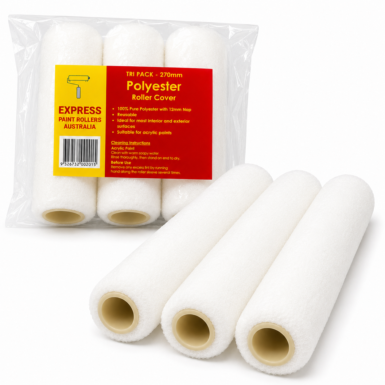 Express 270mm Polyester Paint Roller Covers 3 Pack | 12mm Nap | Reusable Roller Sleeves for Acrylic Paint