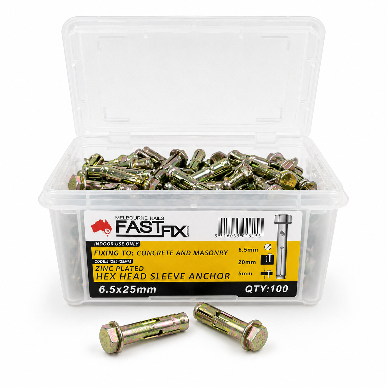 FASTFIX 6.5 x 25mm Zinc Plated Hex Head Sleeve Anchors – Pack of 100