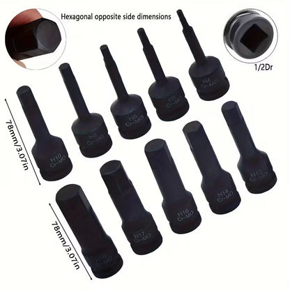 Master 10 Piece 1/2" Drive Impact Hex Bit Socket Set Metric 4mm–19mm Cr-Mo Allen Sockets with Storage Case - South East Clearance Centre