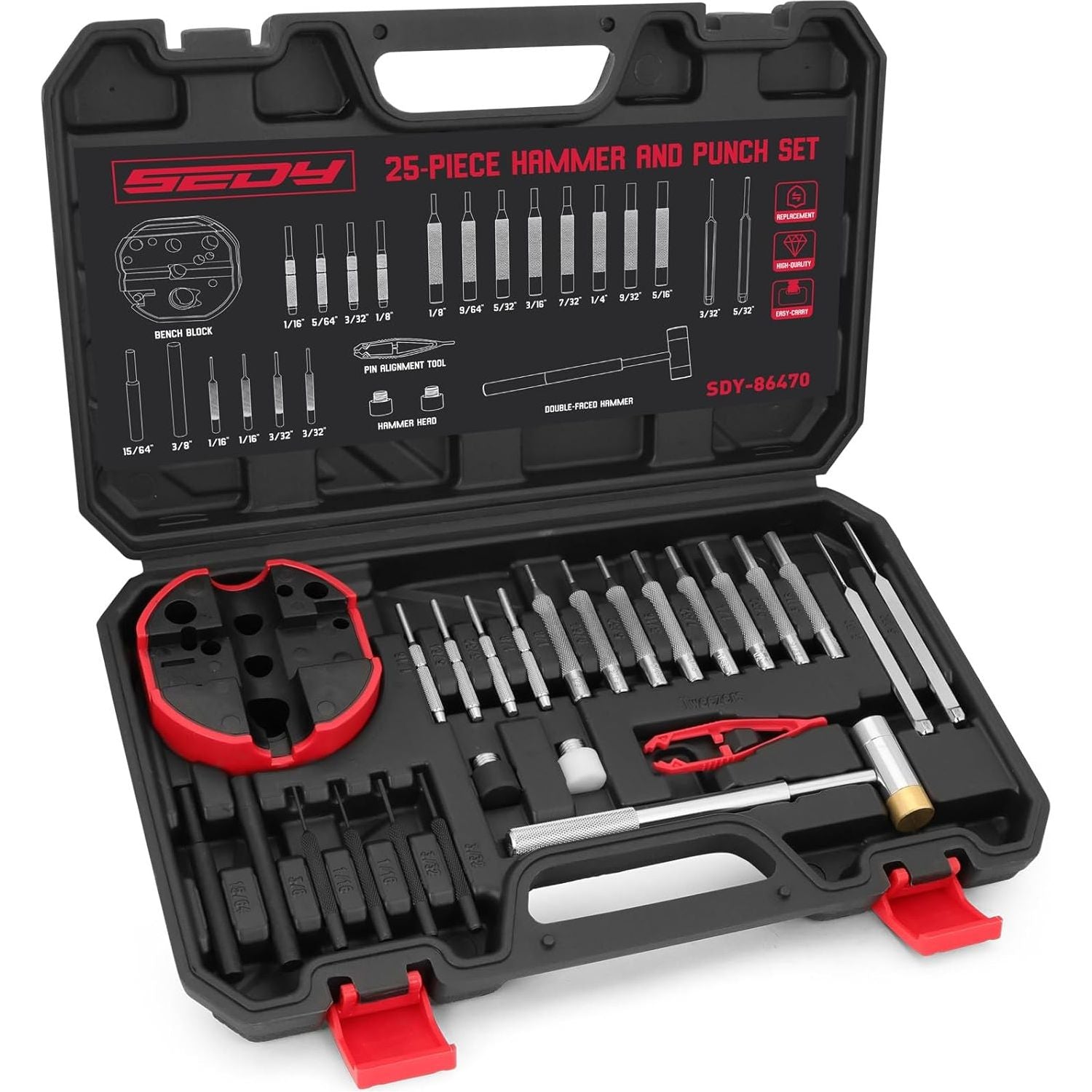 Pin Punch Hammer Set: 25-Piece Punch Set and Hammer with Bench Block, Steel Roll Pin Punch Set, Pin Punches with Replaceable Face Hammer, Mechanical Repair Tool for Maintenance