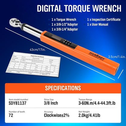 3/8" Drive Digital Torque Wrench, 4.4-44.3Ft.lb / 3-60N.m, 2% Accuracy LED Display - South East Clearance Centre
