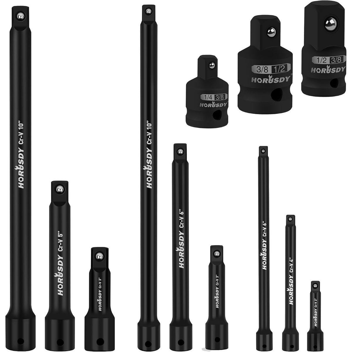 12-Piece Driver Extension Bar Set Includes Socket Adapters, 1/4", 3/8", and 1/2" Drive, Tool Accessory Set, Socket Extension Bar, Heat-Treated CV-R Steel with Black Phosphate Finish