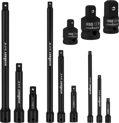 12-Piece Driver Extension Bar Set Includes Socket Adapters, 1/4", 3/8", and 1/2" Drive, Tool Accessory Set, Socket Extension Bar, Heat-Treated CV-R Steel with Black Phosphate Finish