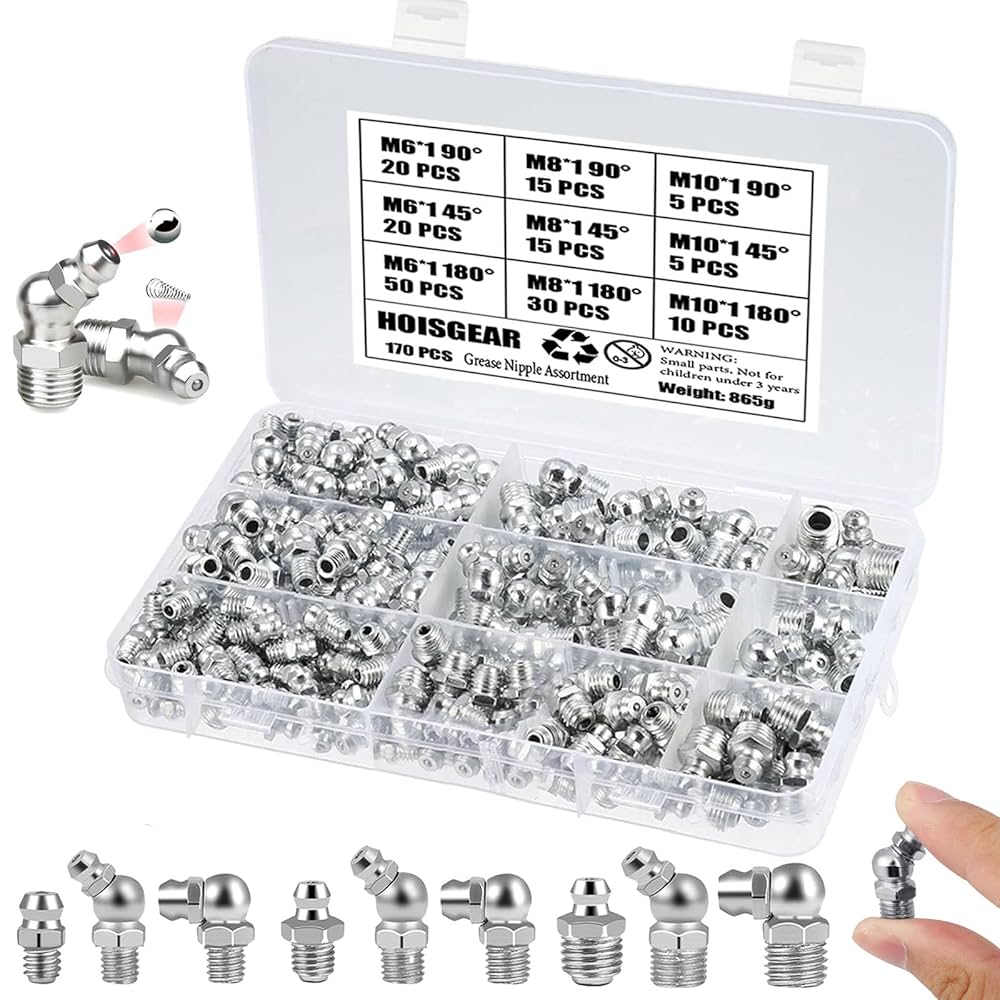 170-Piece Grease Nipple Assortment Kit – Metric M6 M8 M10 Straight, 45° & 90° Angled Nickel-Plated Grease Fittings with Storage Box - South East Clearance Centre