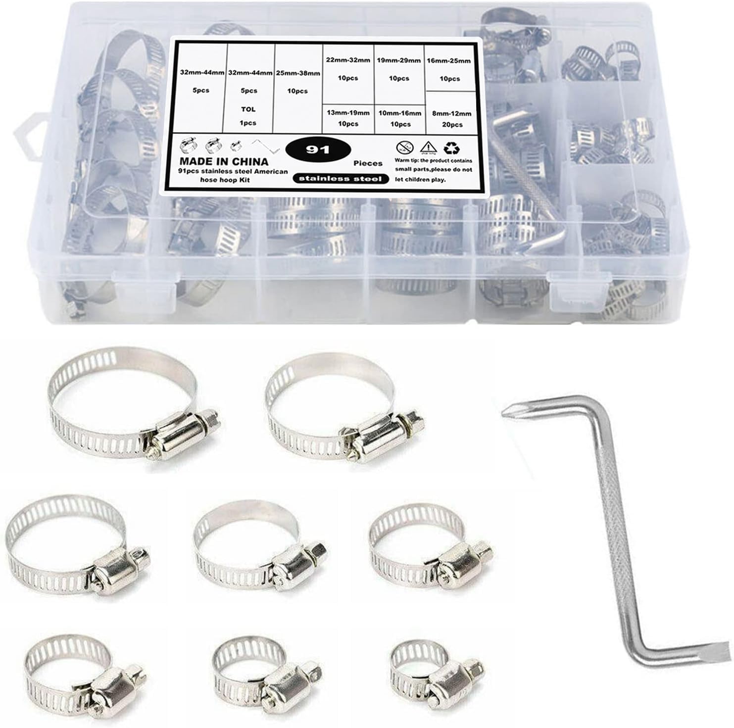 91 Piece Stainless Steel Hose Clamp Set Assortment Kit 8–44mm with Z Wrench – Adjustable Worm Drive Clamps for Automotive, Plumbing & Workshop Use