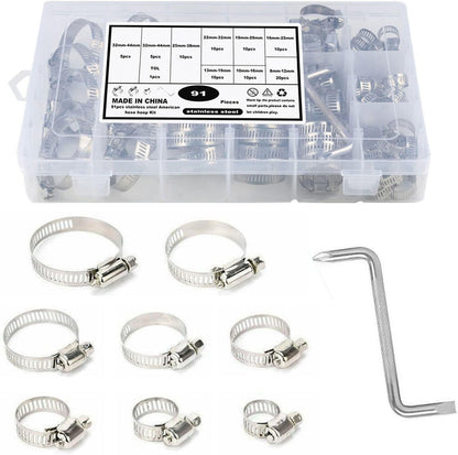 91 Piece Stainless Steel Hose Clamp Set Assortment Kit 8–44mm with Z Wrench – Adjustable Worm Drive Clamps for Automotive, Plumbing & Workshop Use