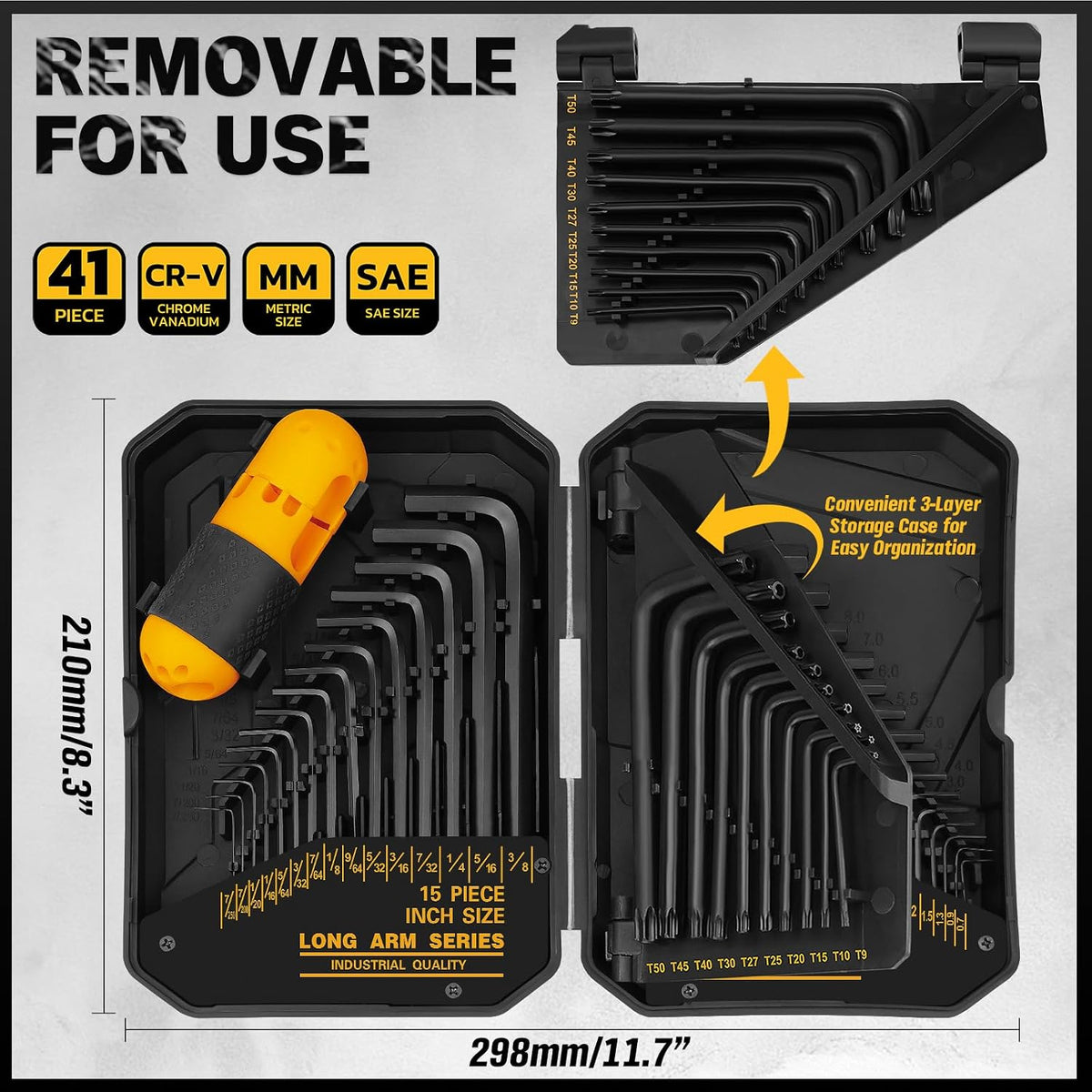 41-Piece Hex and Torx Key Set, Allen Key Set with Torque Handle, Standard SAE(0.028"-3/8") & Metric(0.7mm-10mm) & Torx(T9-T50) in Storage Case, Heat Treated Chrome Vanadium Steel