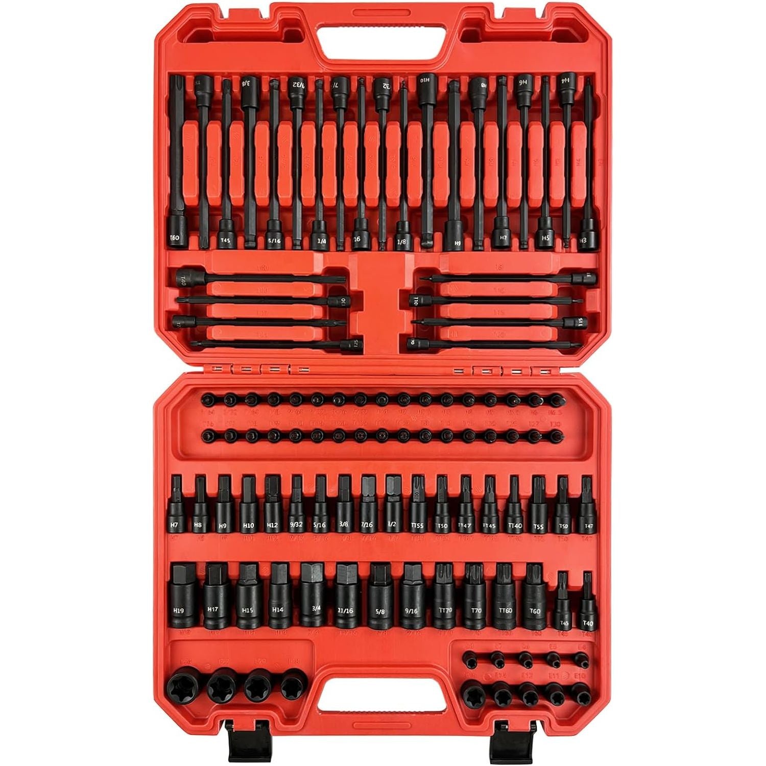 107 Piece Bit Socket Set, 1/4", 3/8" and 1/2" Drive, Hex/Torx/Tamper Proof Torx/E-Trox/Long Ball End Hex, CR-V, S2 Steel, SAE/Metric - South East Clearance Centre