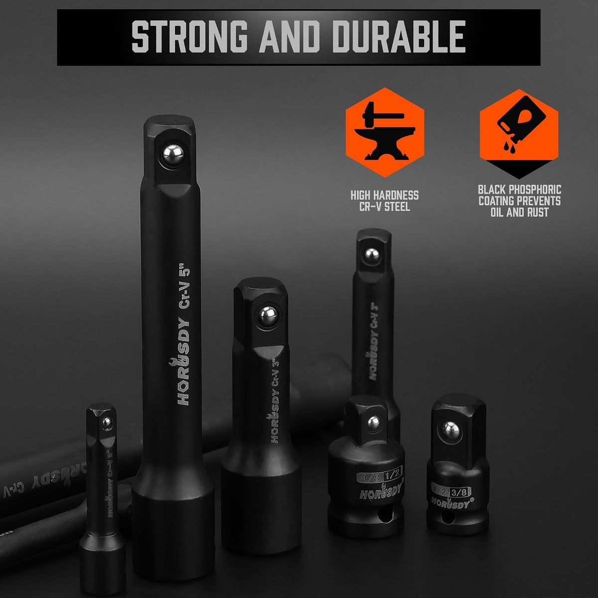 12-Piece Driver Extension Bar Set Includes Socket Adapters, 1/4", 3/8", and 1/2" Drive, Tool Accessory Set, Socket Extension Bar, Heat-Treated CV-R Steel with Black Phosphate Finish