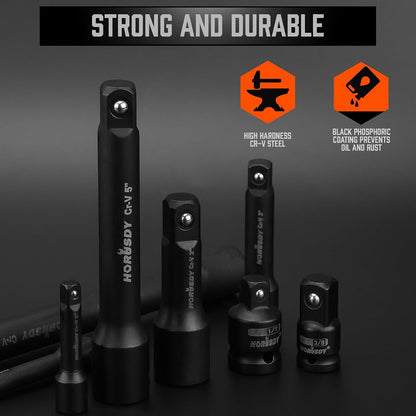 12-Piece Driver Extension Bar Set Includes Socket Adapters, 1/4", 3/8", and 1/2" Drive, Tool Accessory Set, Socket Extension Bar, Heat-Treated CV-R Steel with Black Phosphate Finish