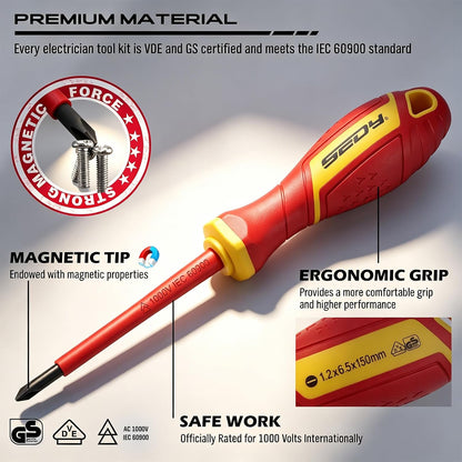 18-Piece Insulated Electrician Tool Set, 1000V VDE Screwdrivers & Pliers Kit with Magnetic Phillips/Slotted Screwdrivers, Voltage Tester, Long Nose, Diagonal, Combination, Water Pump Pliers