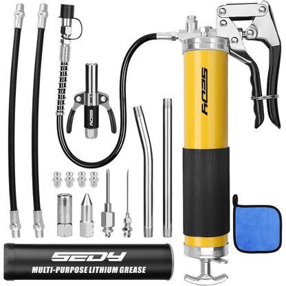 17-Piece Heavy Duty Grease Gun Kit: 14oz Grease Tube Flexible Hose Bearing Grease Pump 8000 PSI Pistol Grip Grease Guns Tool Marine Durable Connectors Adapters Extension Tubes Nozzle Easy Operation - South East Clearance Centre