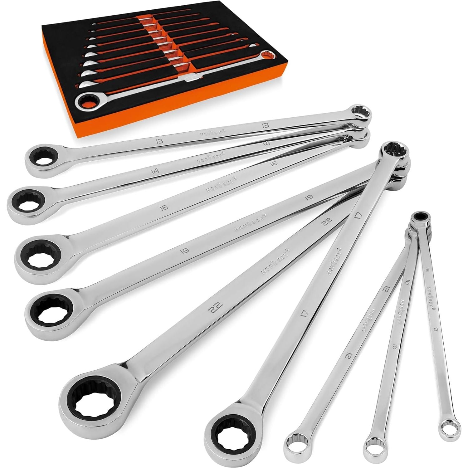 9-Piece Extra Long Ratchet Spanner Set, Double Ring Ratcheting Spanners, Metric 8-22MM Spanner Set CRV with Storage Foam for Tool Box Chest Drawer