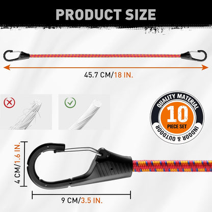 10-Piece Premium Bungee Cords with Hooks, 18” Bungee Cords, Bungee Cord Assortment