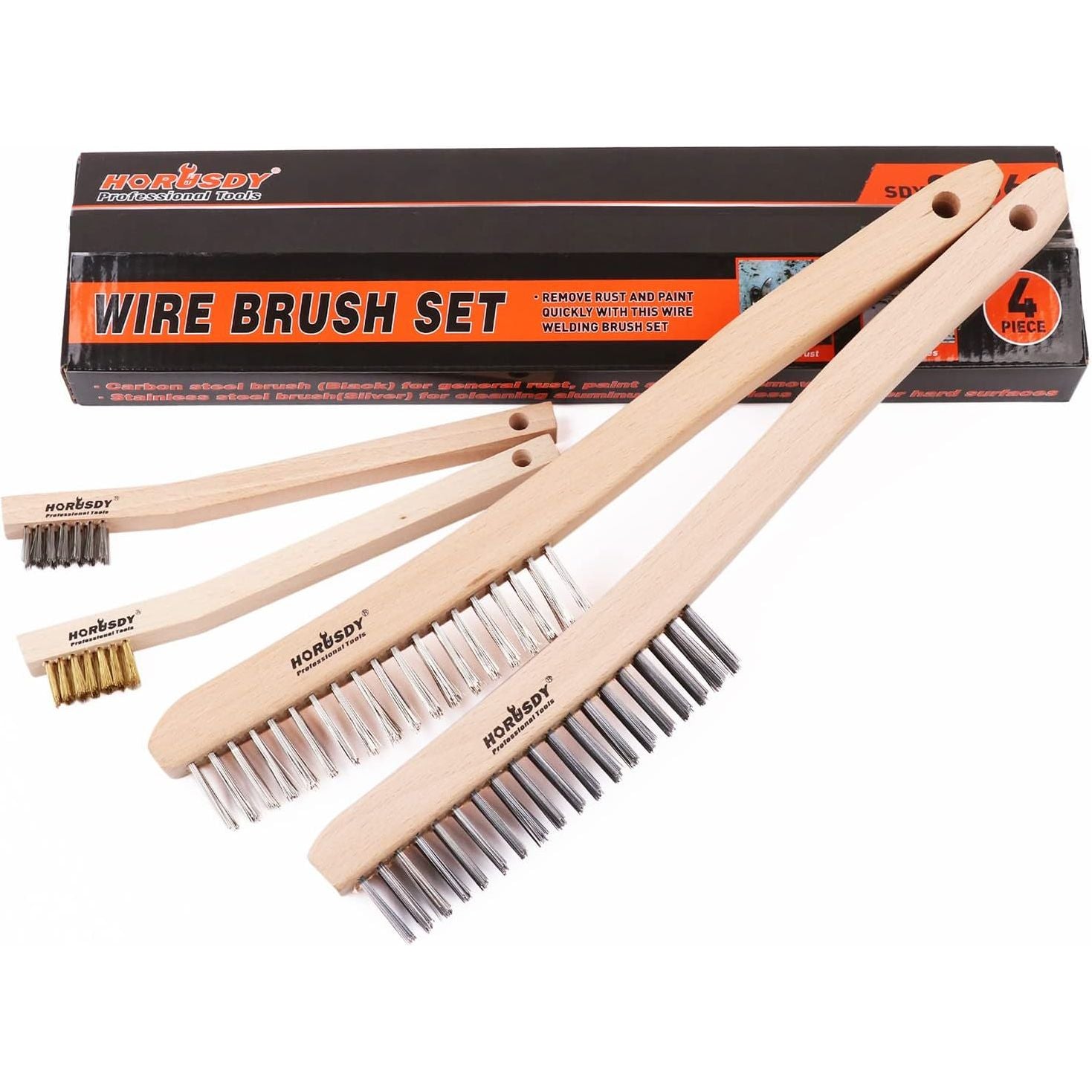 Wire Brush Set, 4-Pack Heavy Duty Carbon Steel and Stainless Steel Wire Scratch Brush,14" Long Wire Brush Set for Cleaning 4-Pack Multipurpose Beechwood - South East Clearance Centre