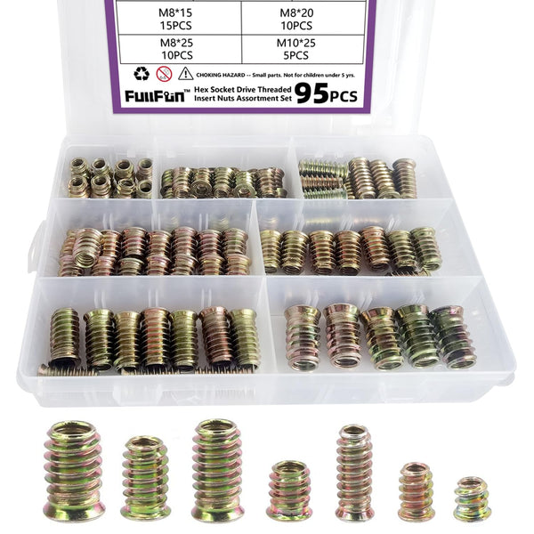 20-Pack Threaded Insert Nuts – M10 X 25mm, Zinc Plated Hex Drive – For Wood Furniture – One-Sided Installation, Hex Key Drive – Coarse Thread