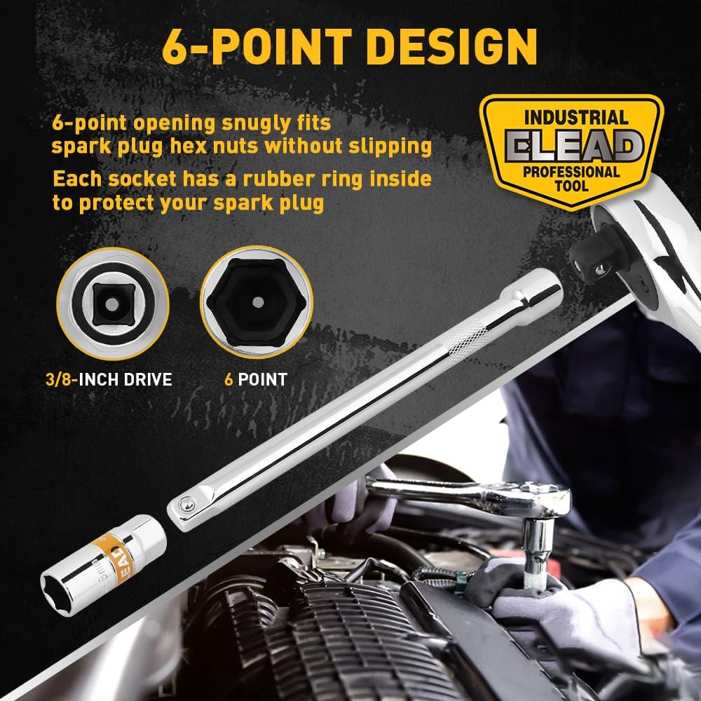 E70079 - 8-Piece 3/8" Drive Spark Plug Socket Set with Universal Joint, Spark Plug Gapper and 6" Extension Bar, SAE & Metric, 5/8", 3/4", 13/16", 14mm, 18mm, CR-V Sockets with Rubber Holding Rings