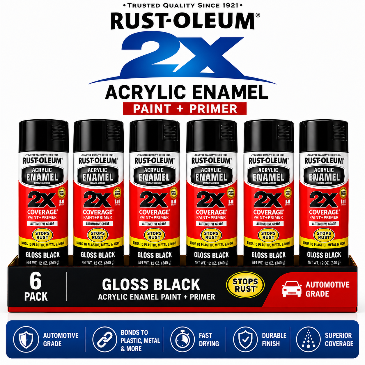 Rust-Oleum 2X Automotive Acrylic Enamel Paint + Primer – 340g (6 Pack)