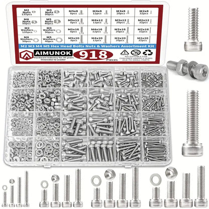 918-Piece Stainless Steel Nuts & Bolts Assortment Kit – M2, M3, M4, M5 Hex Head 304 Grade with Nuts & Washers - South East Clearance Centre