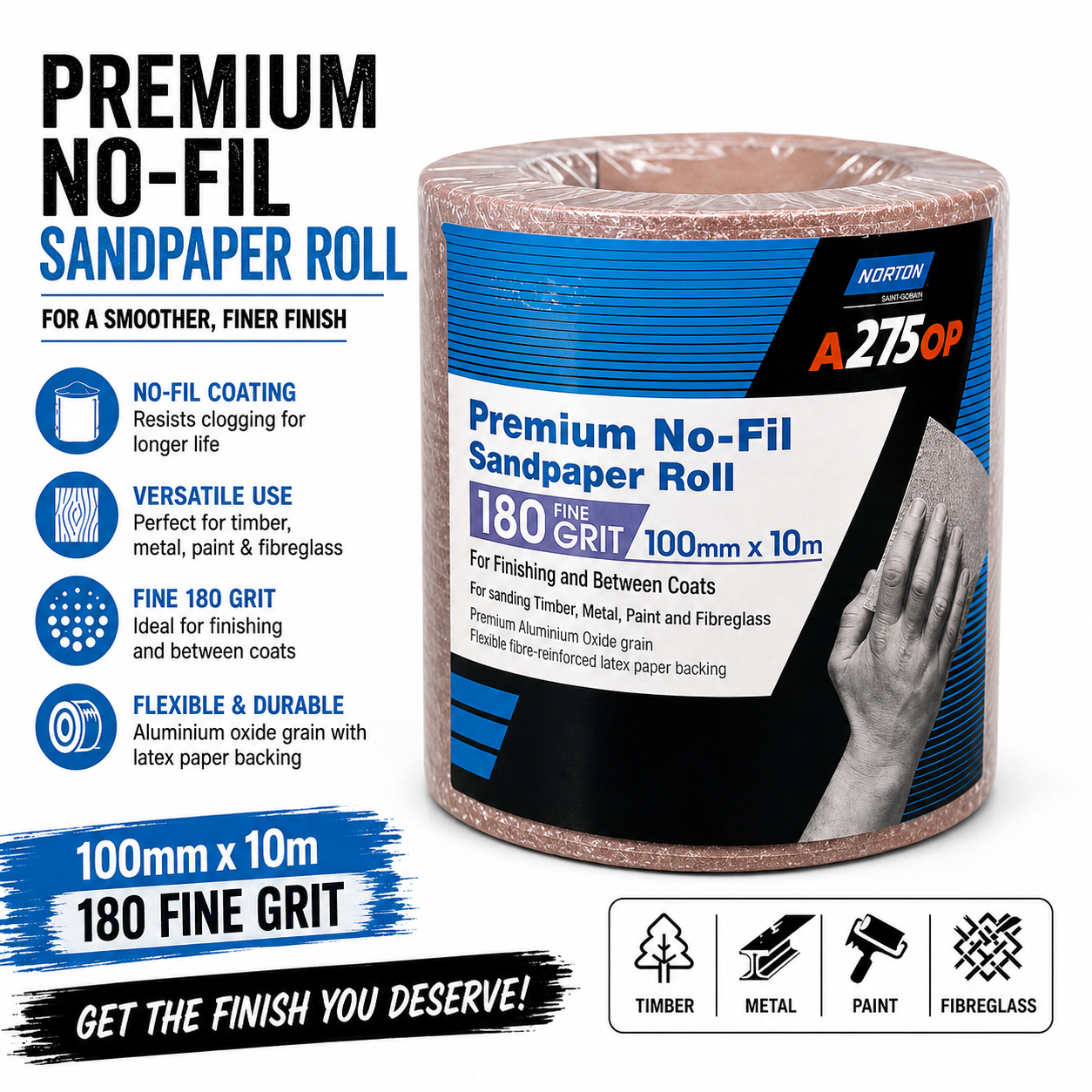 Norton A275OP Premium No-Fil Sandpaper Roll 180 Grit – 100mm x 10m