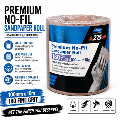 Norton A275OP Premium No-Fil Sandpaper Roll 180 Grit – 100mm x 10m