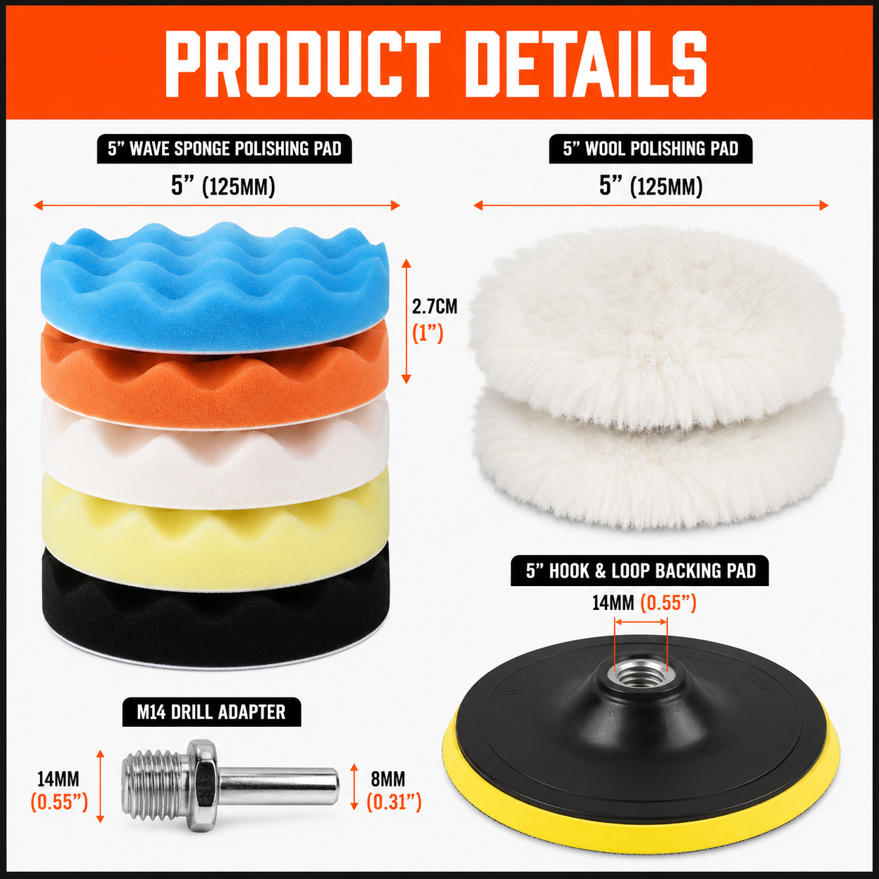 11 Piece 5" Buffing & Polishing Pad Kit – Foam Polishing Pads, Wool Buffing Bonnets, Hook & Loop Backing Pads & M14 Drill Adaptors
