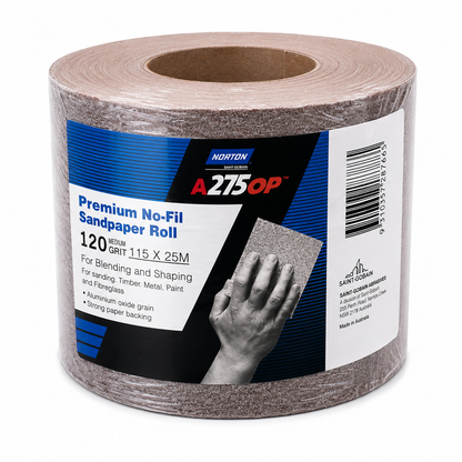 Norton A275OP Premium No-Fil Sandpaper Roll – 120 Grit 115mm x 25m
