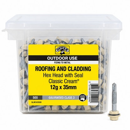 Otter Roofing & Cladding Screws Hex Head with Seal CLASSIC CREAM 12g x 35mm (500 Pack) | Galvanised Class 3 | Outdoor Use (Copy) - South East Clearance Centre