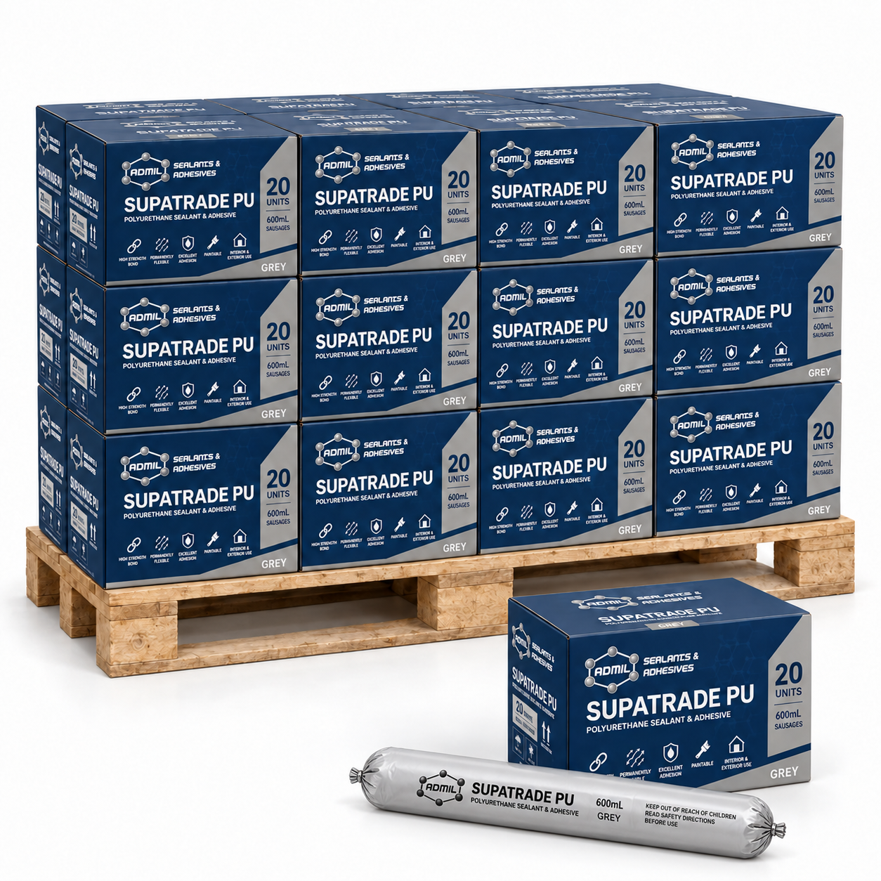 Admil SUPATRADE 104023 PU Polyurethane Sealant & Adhesive 600ml Sausage – Pallet of 400 Sausages