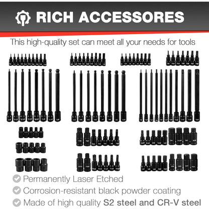 107 Piece Bit Socket Set, 1/4", 3/8" and 1/2" Drive, Hex/Torx/Tamper Proof Torx/E-Trox/Long Ball End Hex, CR-V, S2 Steel, SAE/Metric - South East Clearance Centre