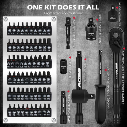 132-Piece Mechanics Tool Set, Ratchet Spanner & Socket Wrench Set, SAE/Metric 1/4" & 3/8" Socket Set, Extensions & Adapters, Quick-Release Ratchet, Professional Auto Tool Kit with Storage Case