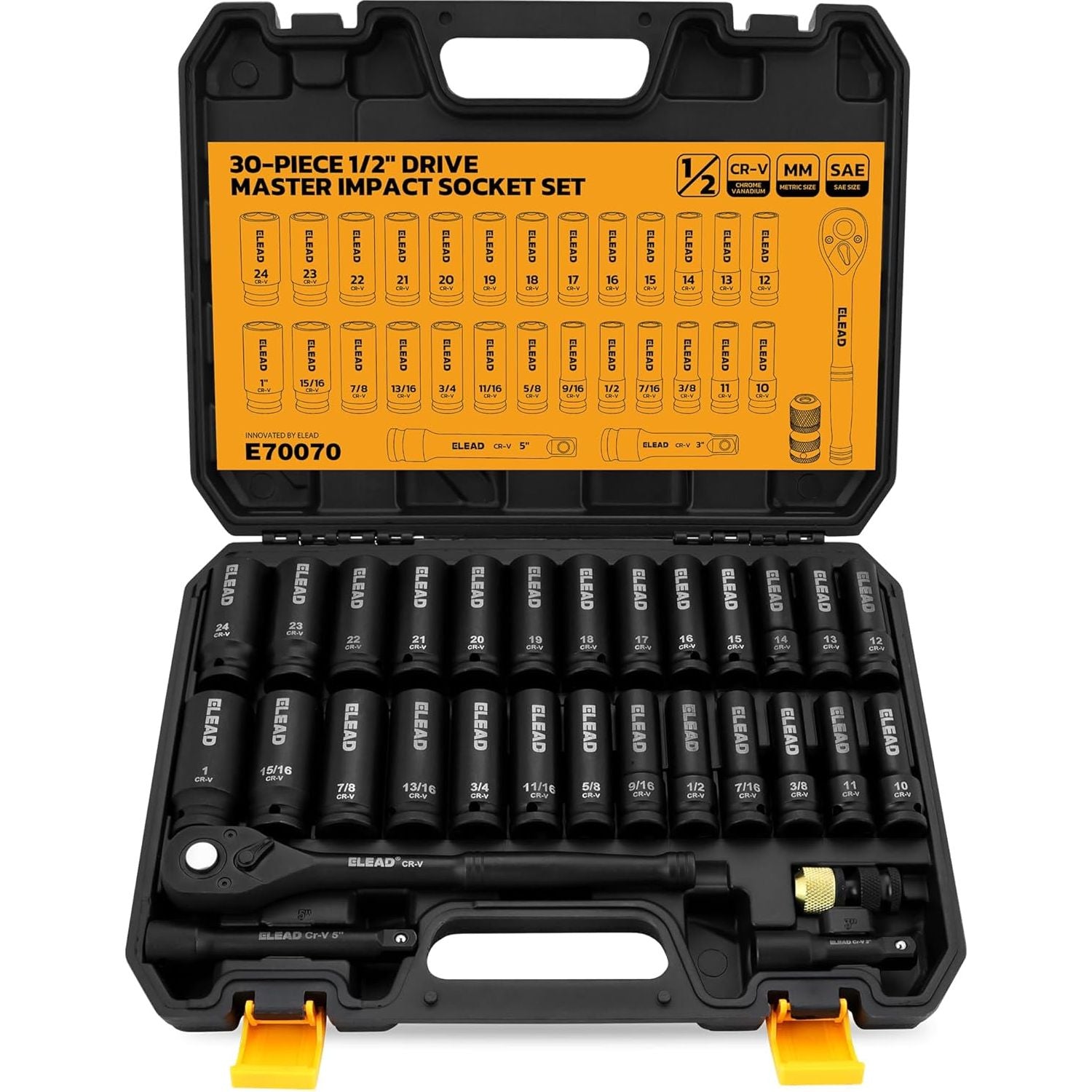 1/2" Drive Deep Impact Socket Set: 30-Piece Standard SAE (3/8 to 1 Inch) and Metric (10-24mm) Size, 3" and 5" Drive Extension Bar, Ratchet Handle, Bit Adapter, CR-V Steel for Auto Repair