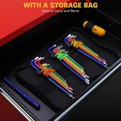 Hex Key Allen Wrench Set: 29-Piece Rainbow Colored Hex Torx Key Set, Long Arm Ball End, Metric SAE Torx Star Allen Wrenches Sets with T-Handle and Extension Bar