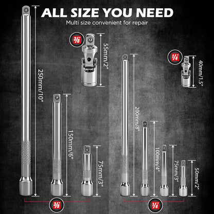 9-Piece Socket Extension Bar Set, 1/4" & 3/8" Drive Ratchet Extensions 2", 3", 4", 6", 8" & 10" with Universal Joints, CR-V Steel for Tight Spaces